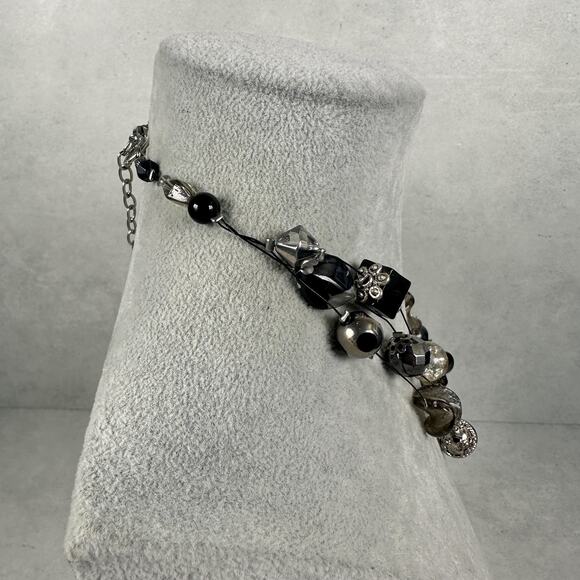 Chico's Multi Strand Beaded Statement Necklace Black Silver Tone Adjustable - Picture 4 of 8